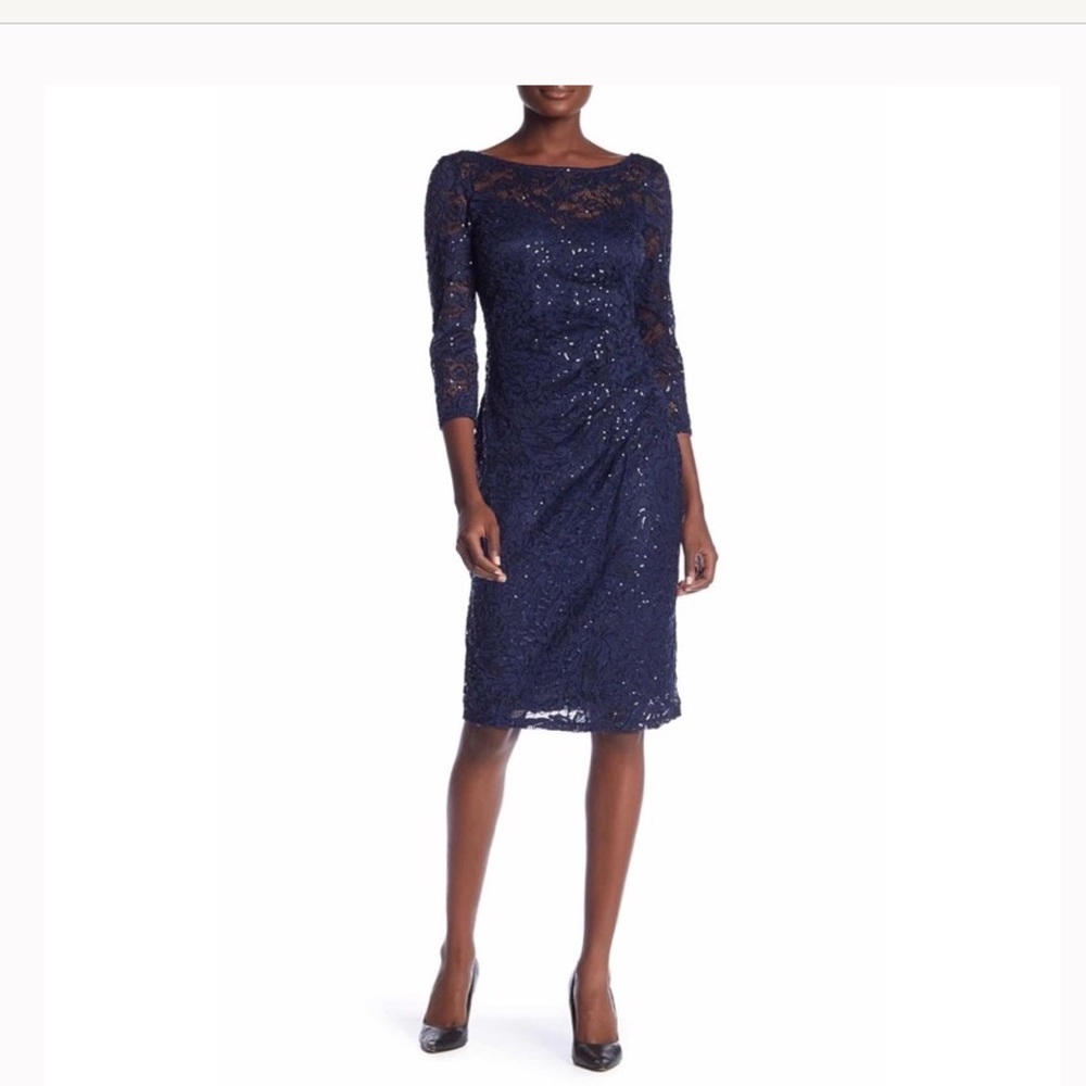 Marina Sequin Blue Lace Sleeve Dress